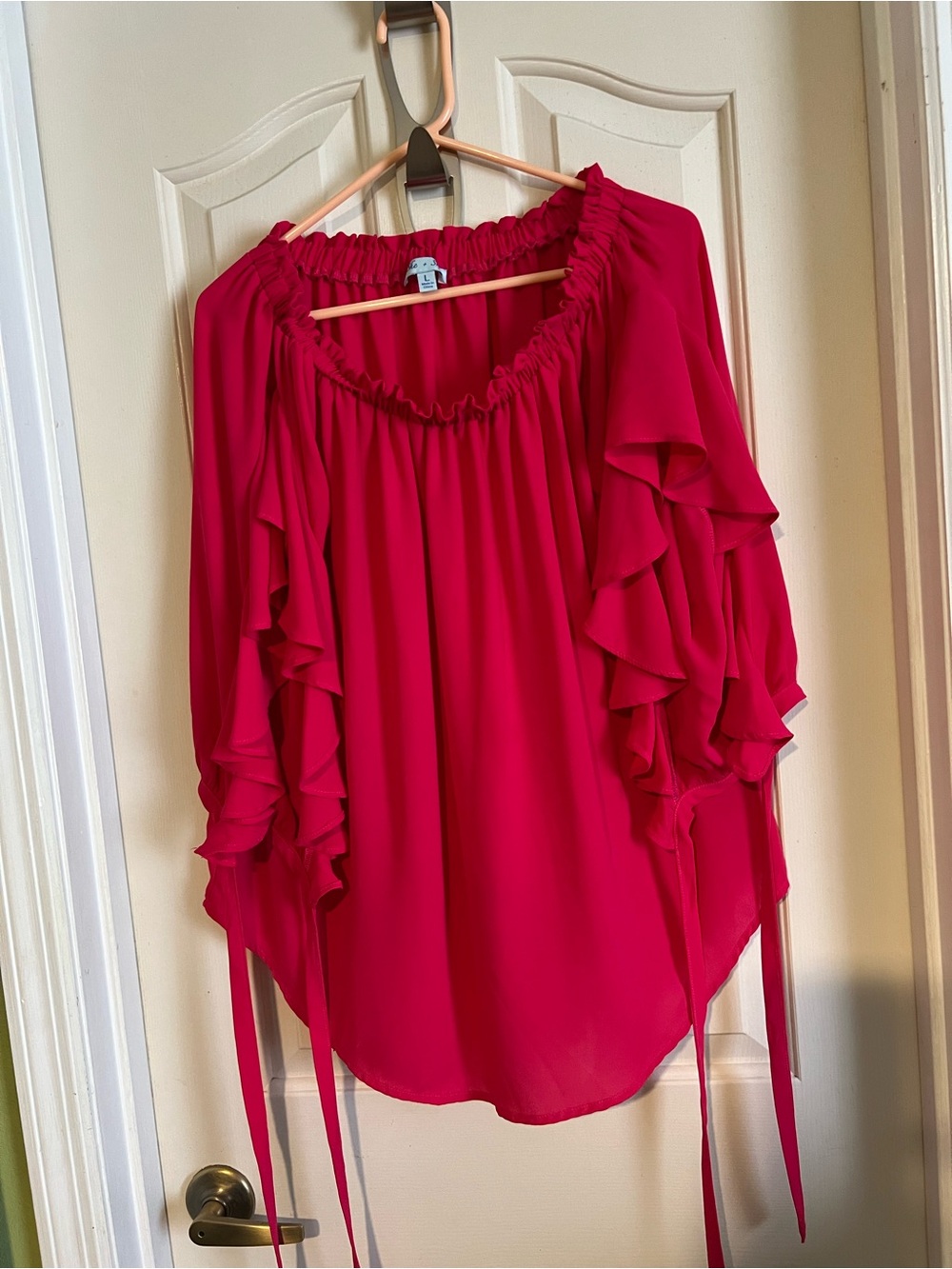 She + Sky Fuchsia Off-Shoulder Ruffle Sleeve Blouse